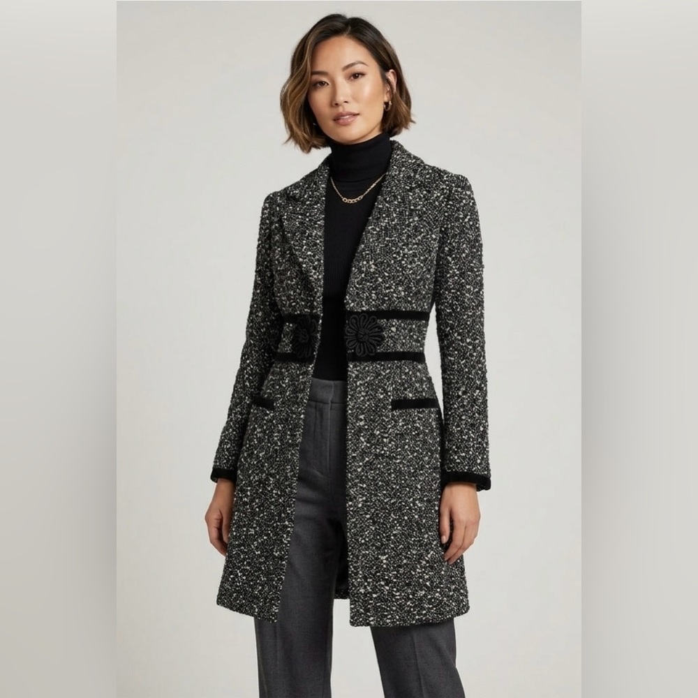 Gorgeous Nanette Lepore Black Cream Tweed Coat Jacket Ribbon Trim - L